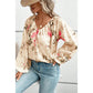 Cambee Floral Print Lantern Sleeve V-Neck Blouse