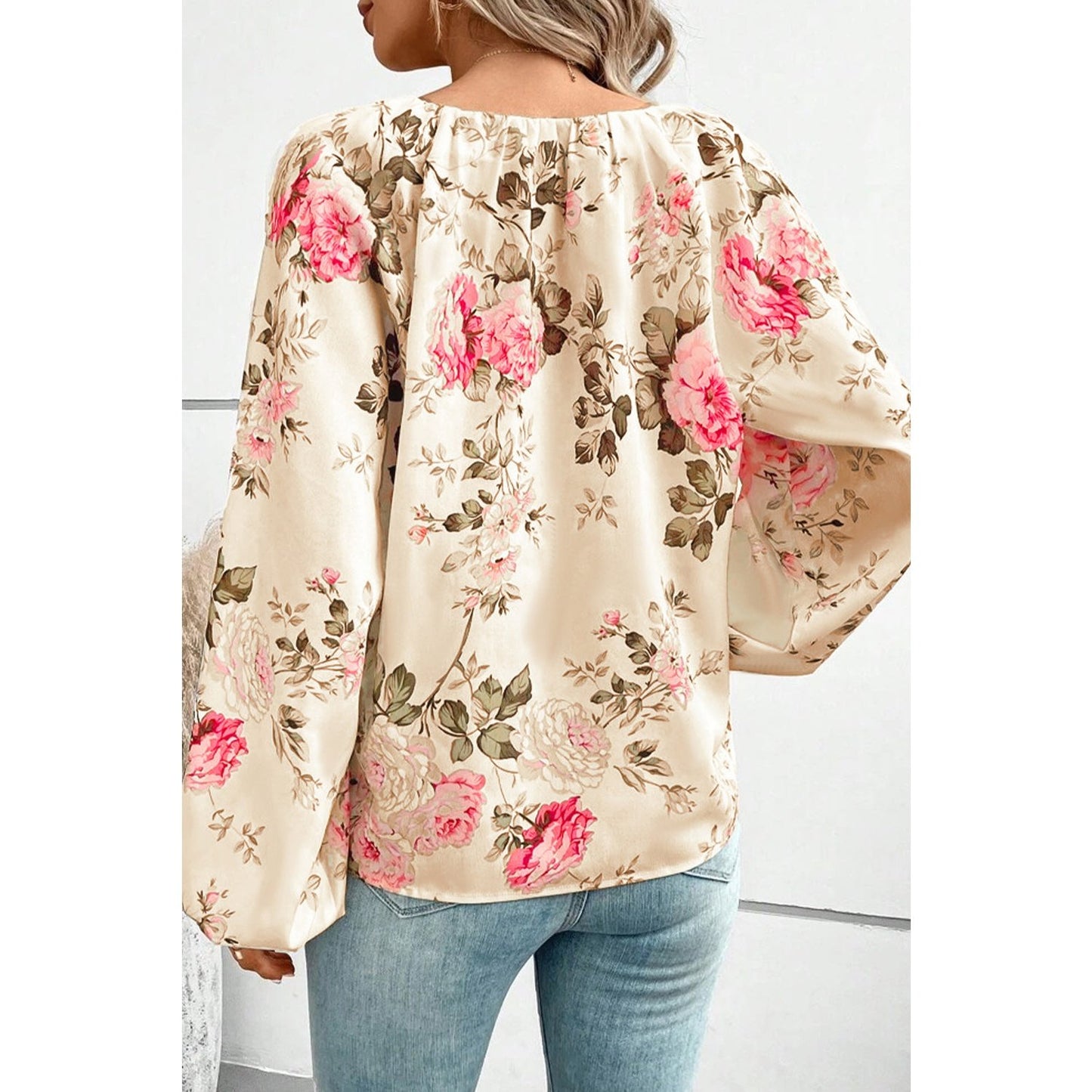 Cambee Floral Print Lantern Sleeve V-Neck Blouse