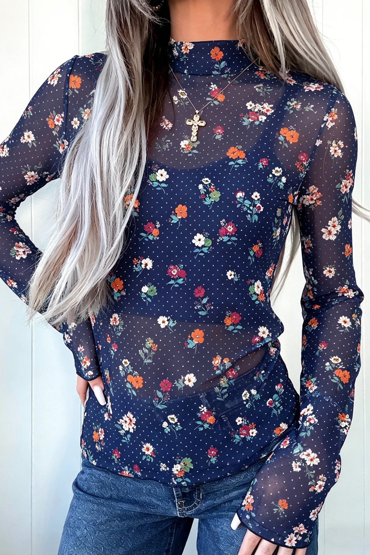 Cameron Blue Polka Dot Floral Mesh Long Sleeve High Neck Pullover Sheath Top