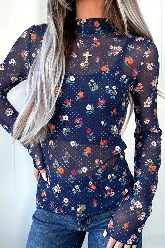 Cameron Blue Polka Dot Floral Mesh Long Sleeve High Neck Pullover Sheath Top
