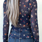 Cameron Blue Polka Dot Floral Mesh Long Sleeve High Neck Pullover Sheath Top