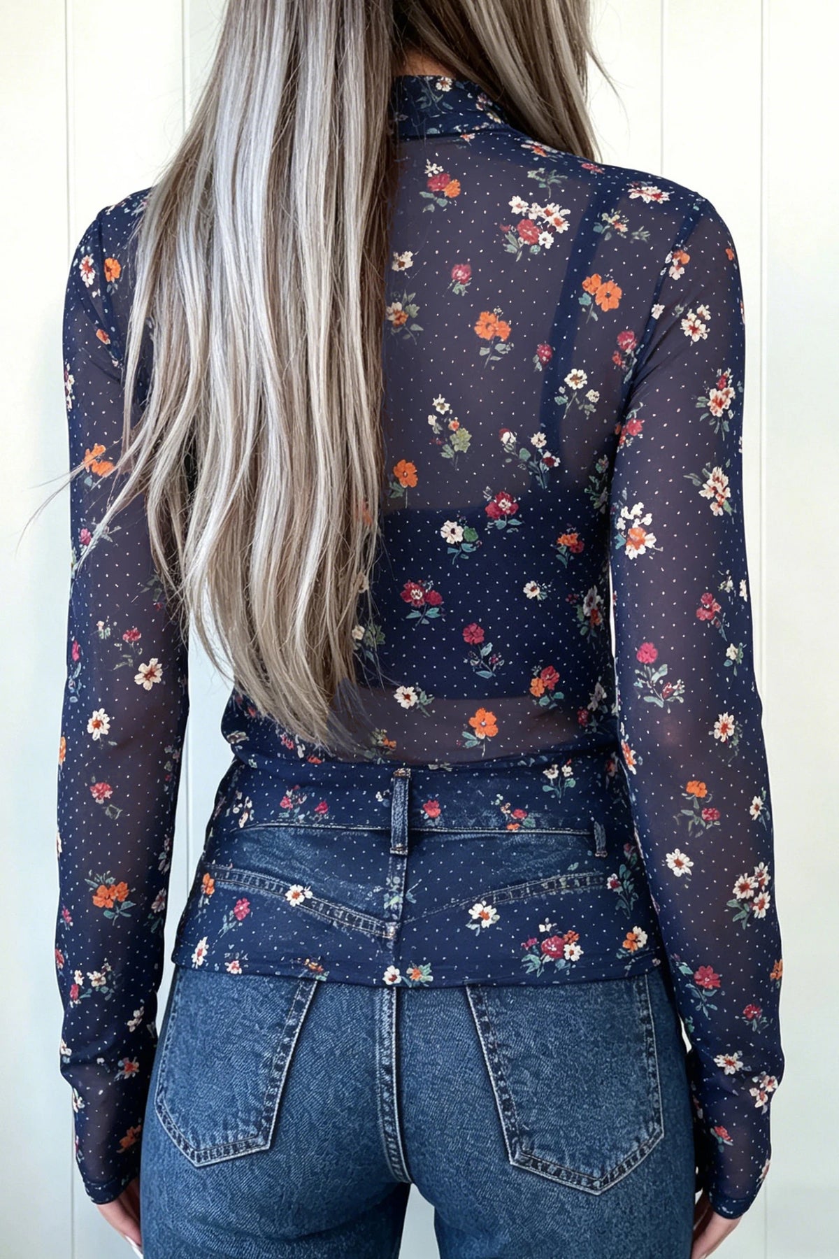 Cameron Blue Polka Dot Floral Mesh Long Sleeve High Neck Pullover Sheath Top