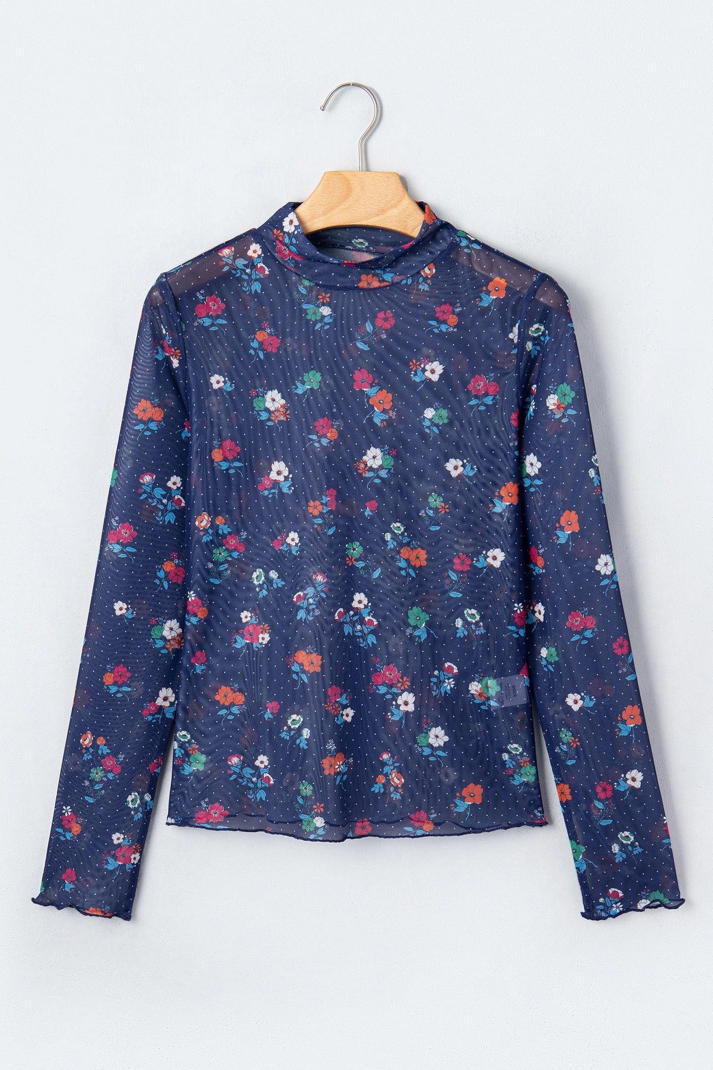 Cameron Blue Polka Dot Floral Mesh Long Sleeve High Neck Pullover Sheath Top