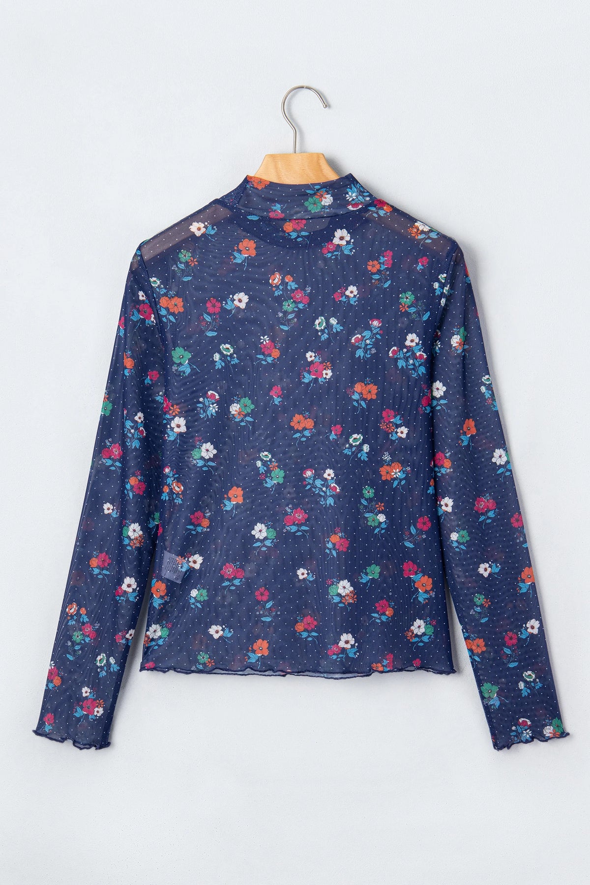 Cameron Blue Polka Dot Floral Mesh Long Sleeve High Neck Pullover Sheath Top