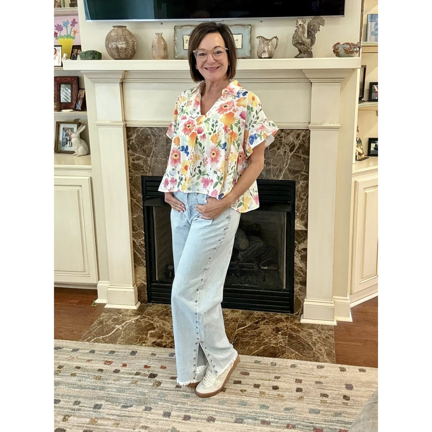Camilla Yellow Floral Boxy Fit Ruffled Short Sleeve V Neck Blouse