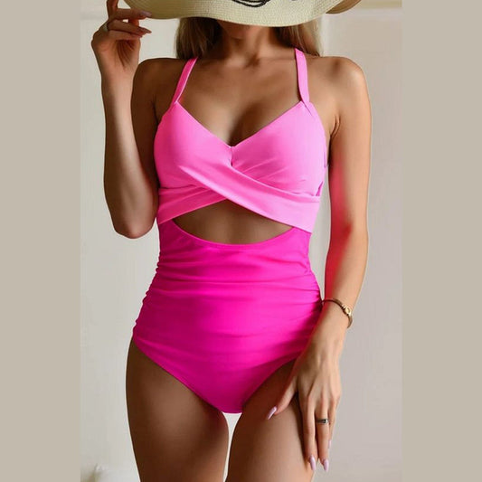 Camille Pink 2-Tone Crossed Cutout Backless Monokini