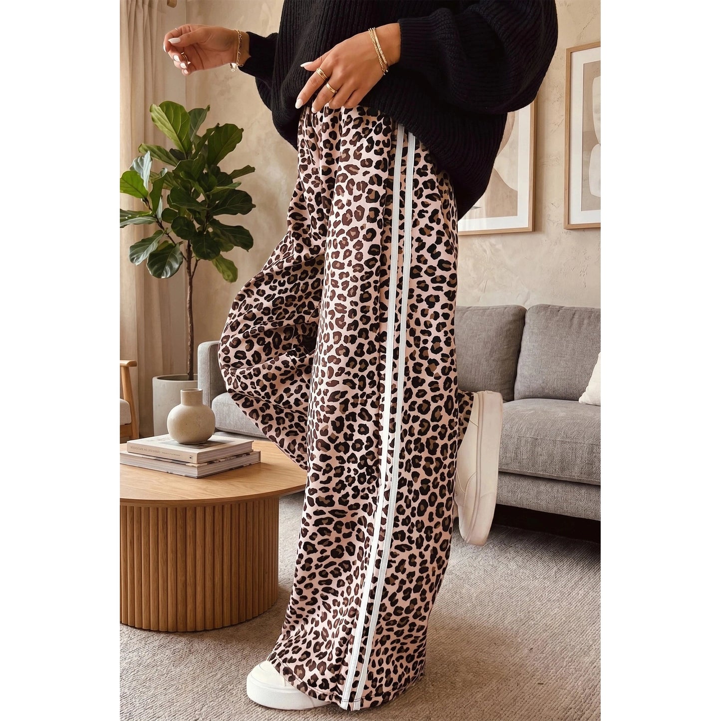 Camille Beige Leopard Print Side Striped Detail Casual Wide Leg Pants