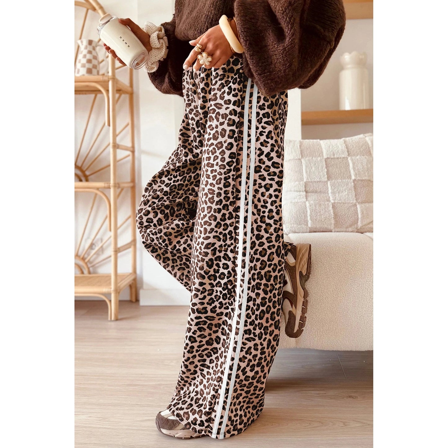 Camille Beige Leopard Print Side Striped Detail Casual Wide Leg Pants