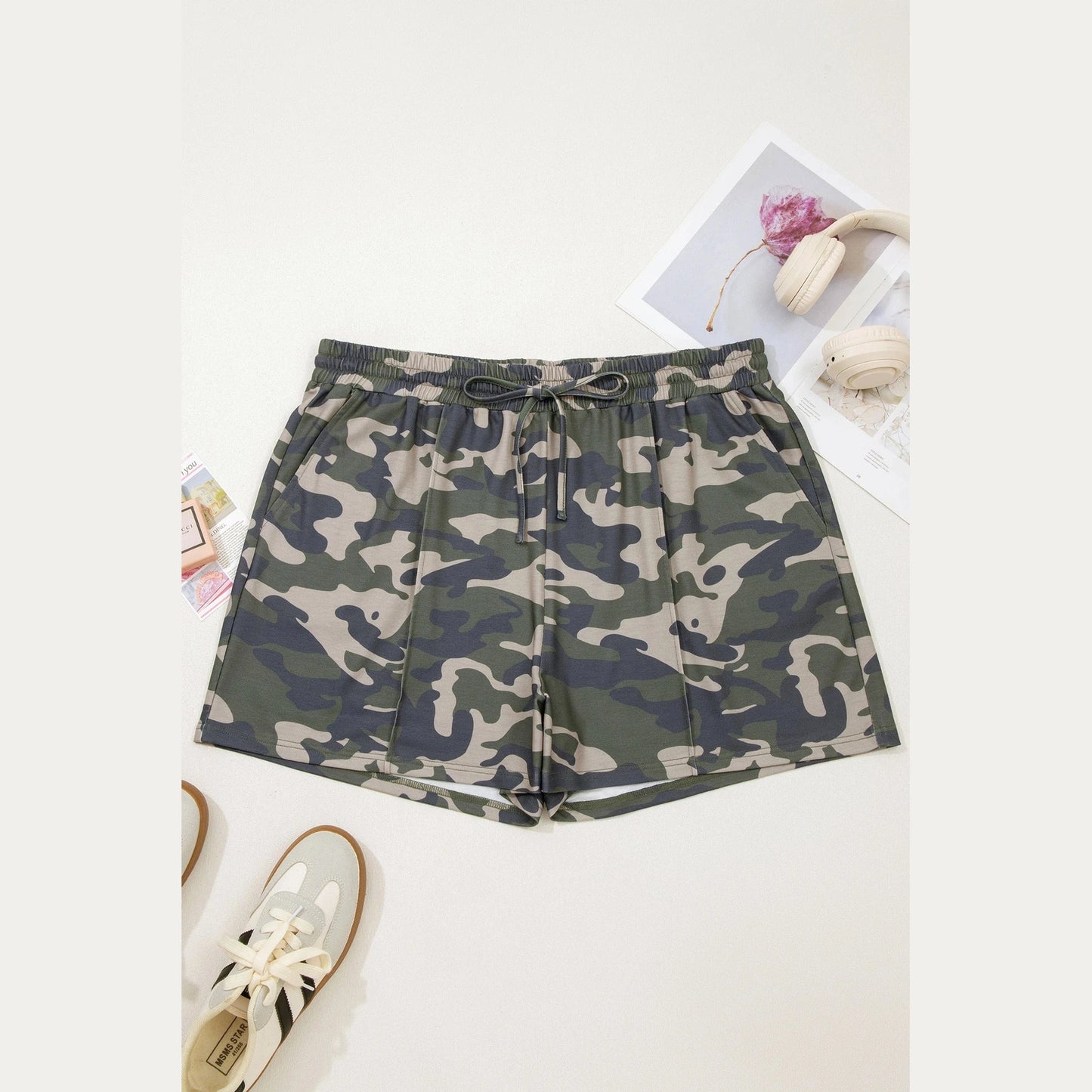 Angela Green Tie Elastic Waist Pocketed Plus Size Camo Shorts