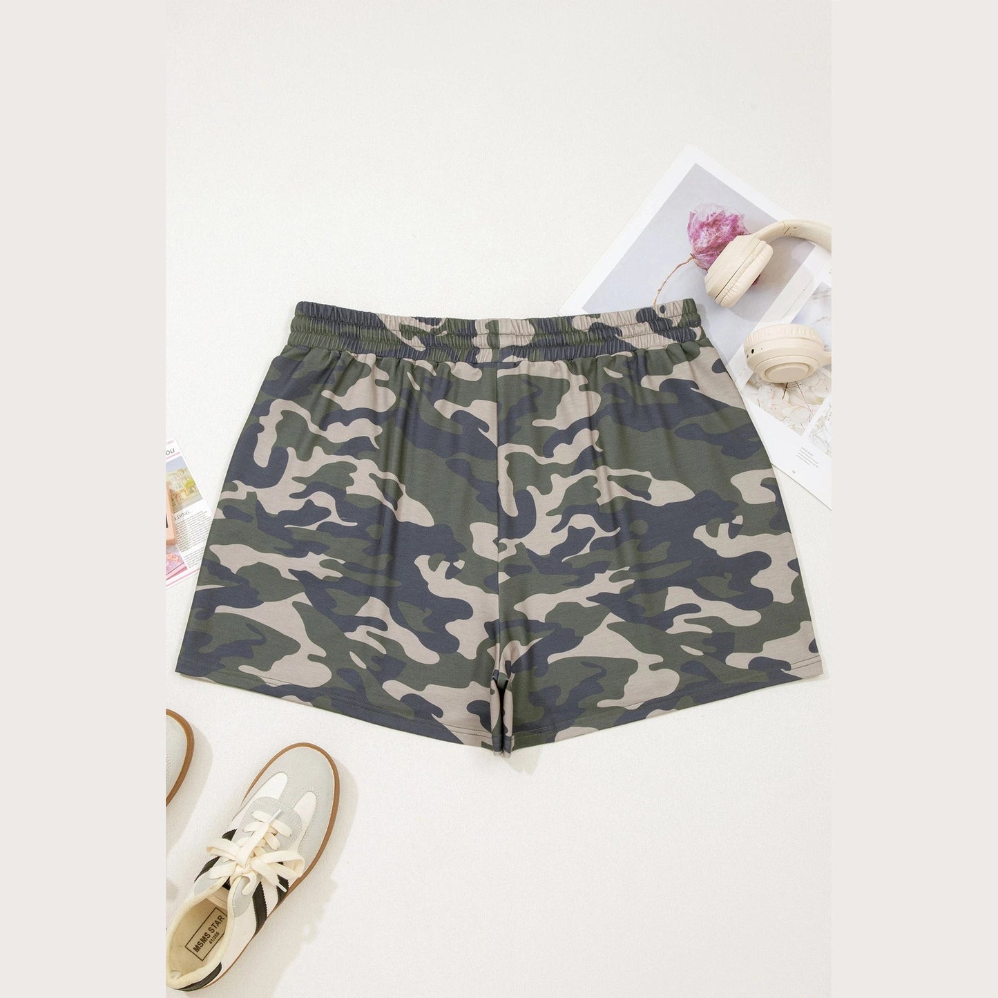 Angela Green Tie Elastic Waist Pocketed Plus Size Camo Shorts