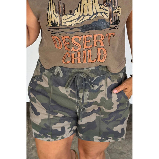 Angela Green Tie Elastic Waist Pocketed Plus Size Camo Shorts