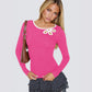 Camri Pink Hollow Out Flower Slim Fit Long Sleeve Tee