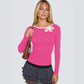 Camri Pink Hollow Out Flower Slim Fit Long Sleeve Tee