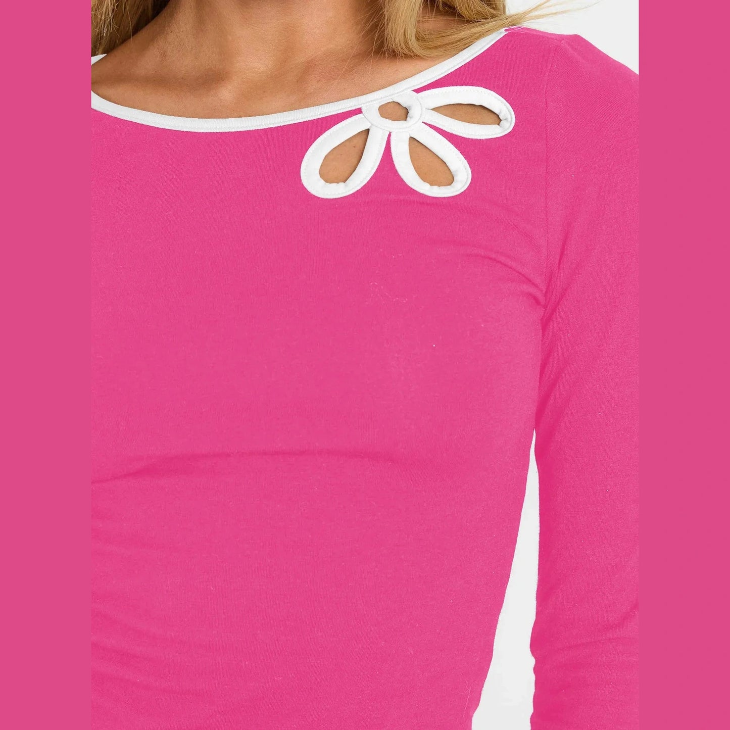 Camri Pink Hollow Out Flower Slim Fit Long Sleeve Tee