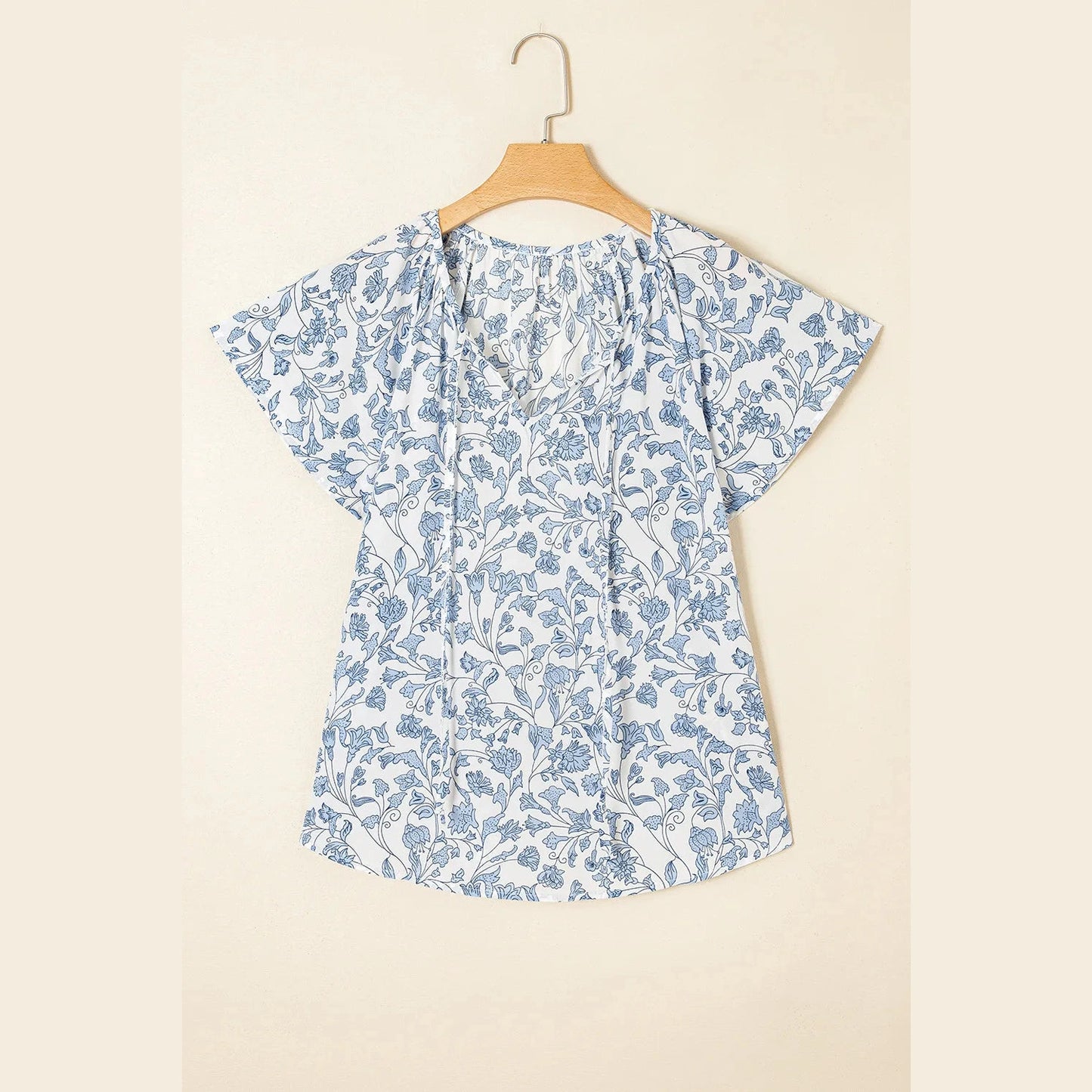 Camryn Sky Blue V-neck Short Sleeve Fashion Print Fantasy Fluttering Blouse