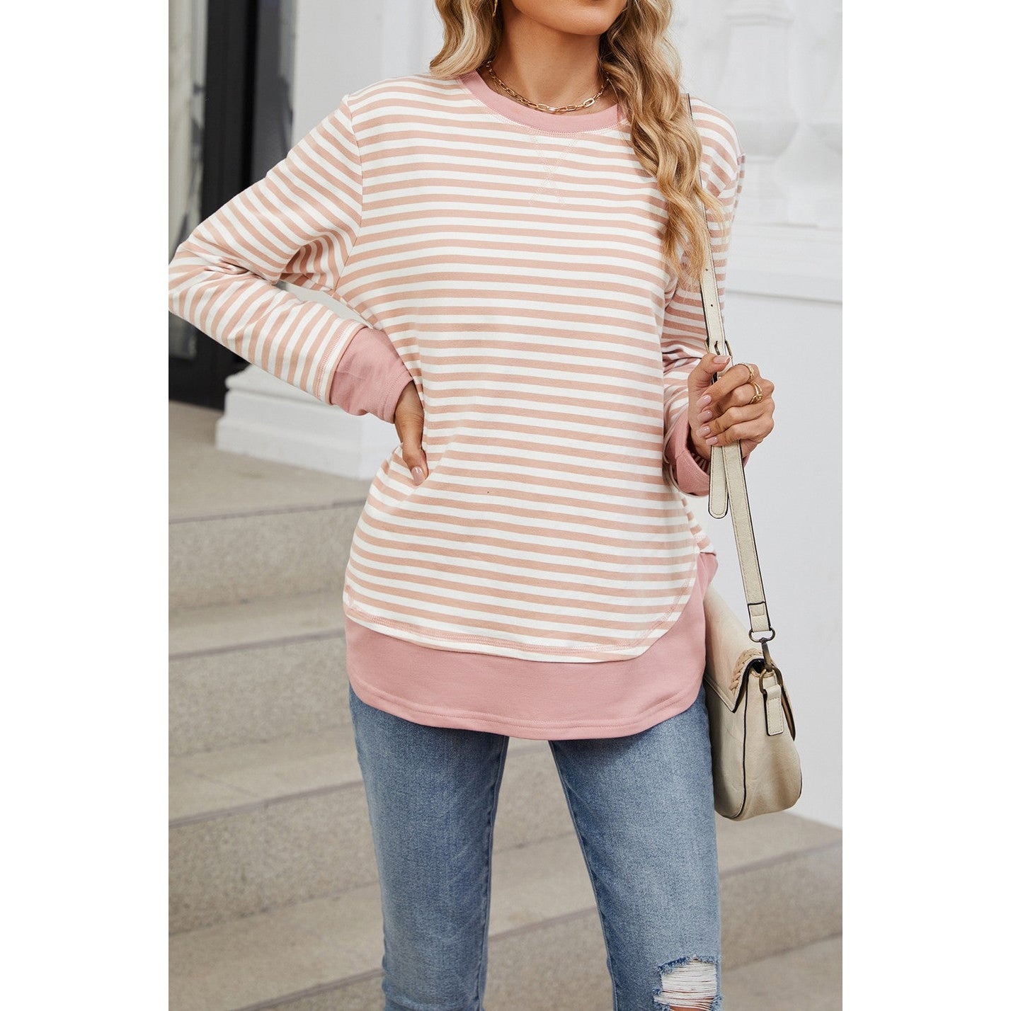 Candi Pink Round Neck Loose Long Sleeve Top - S to 3X