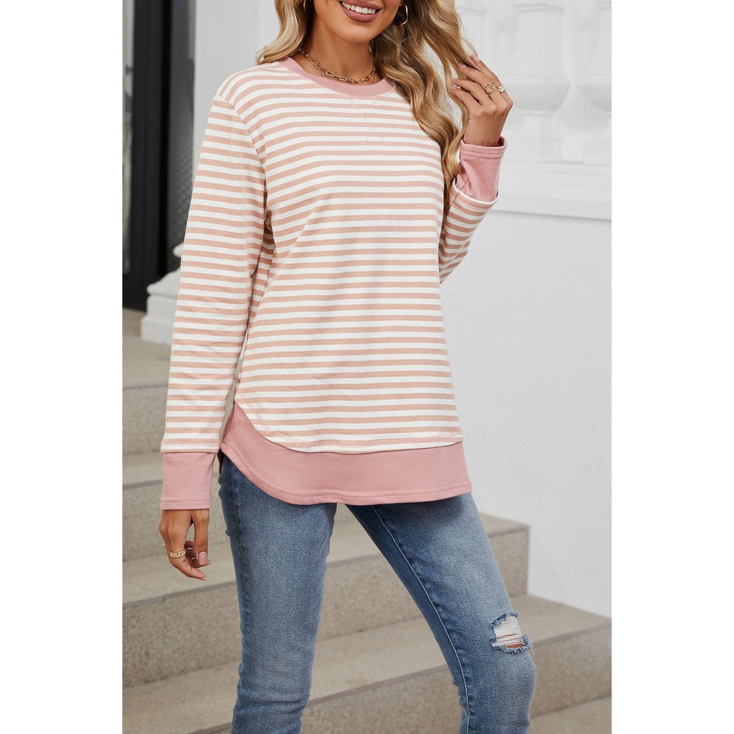 Candi Pink Round Neck Loose Long Sleeve Top - S to 3X