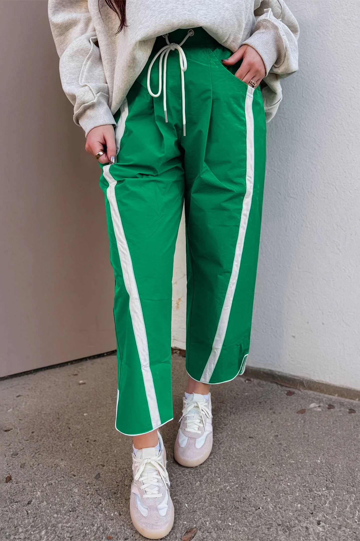 Candice Green Contrast Striped Smocked Waist Drawstring Cropped Casual Pants