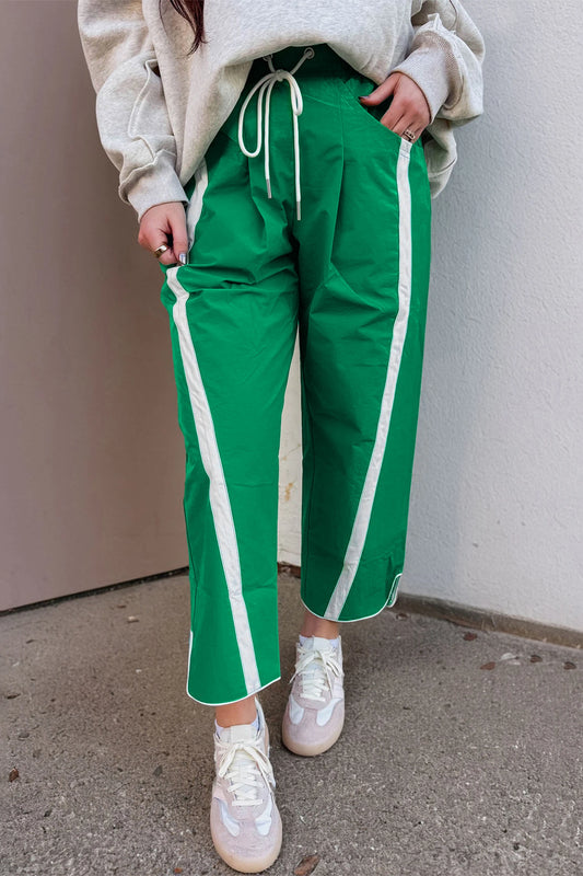Candice Green Contrast Striped Smocked Waist Drawstring Cropped Casual Pants