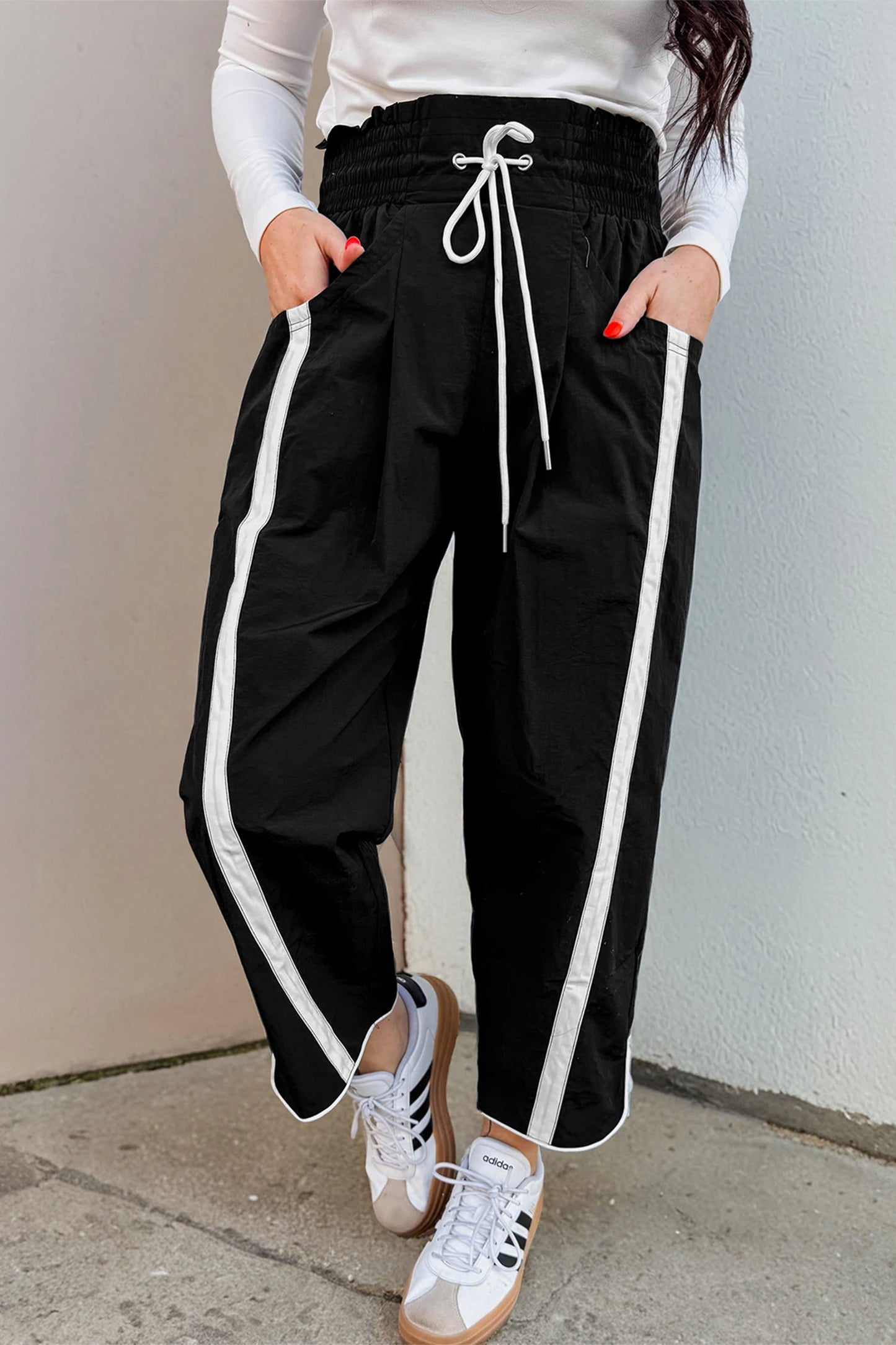 Candice Black Contrast Striped Smocked Waist Drawstring Cropped Casual Pants