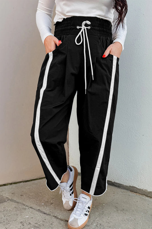 Candice Black Contrast Striped Smocked Waist Drawstring Cropped Casual Pants