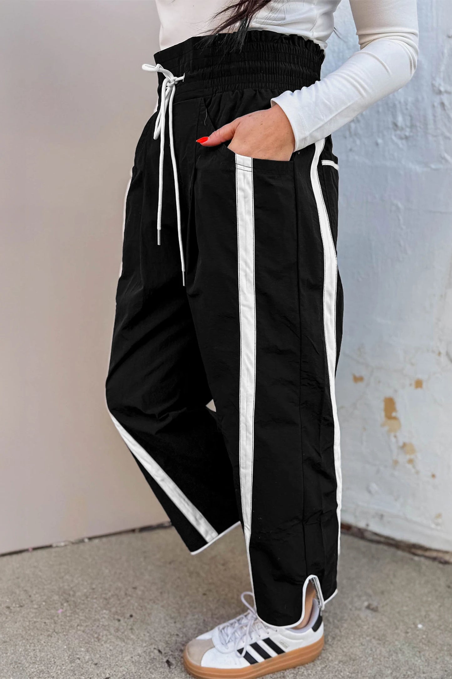 Candice Black Contrast Striped Smocked Waist Drawstring Cropped Casual Pants