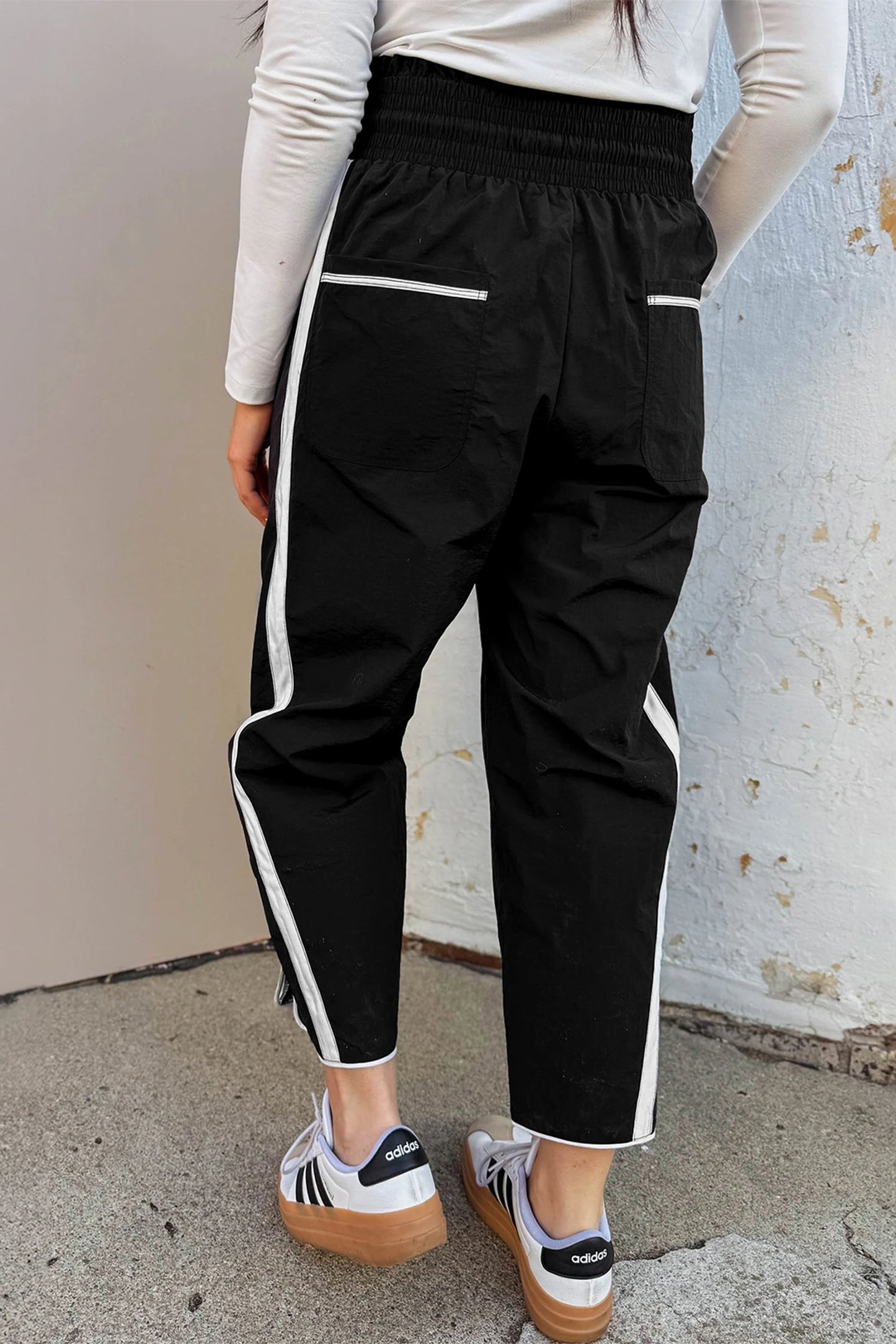 Candice Black Contrast Striped Smocked Waist Drawstring Cropped Casual Pants