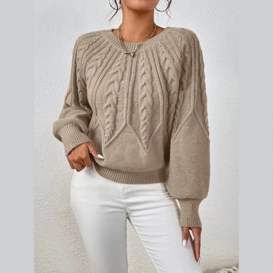 Candra Khaki Cable Knit Lantern Sleeve Sweater