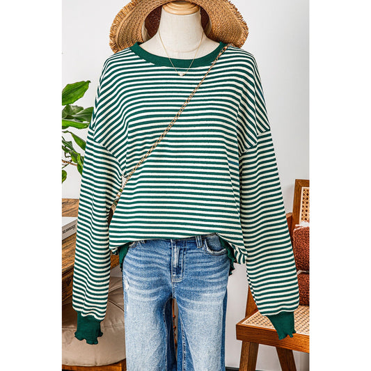 Carina Green Stripe Loose Drop Shoulder Long Sleeve Top