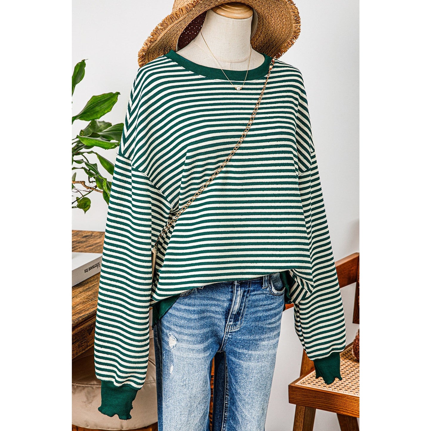 Carina Green Stripe Loose Drop Shoulder Long Sleeve Top