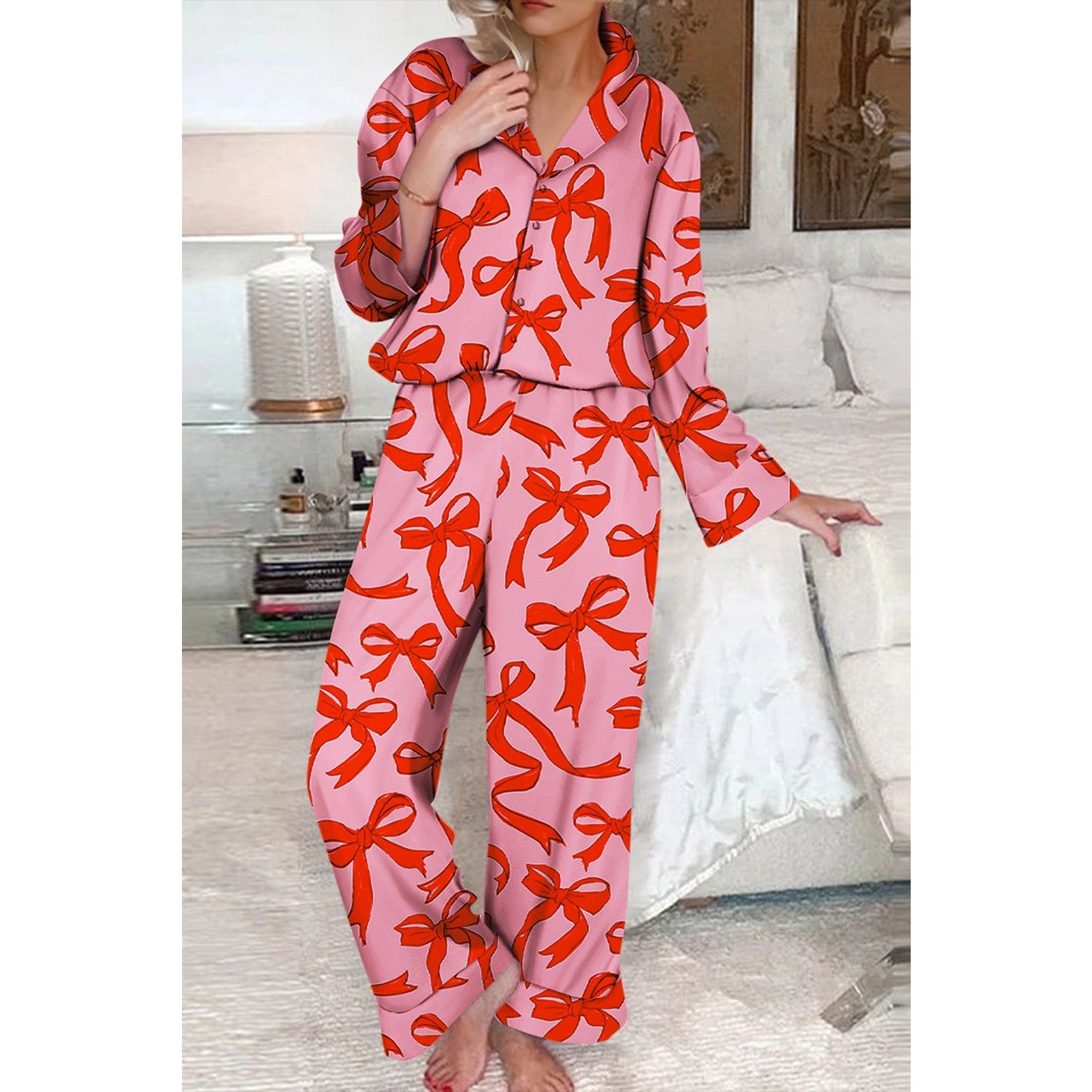 Caris 2 Pcs Bow Print Shirt Style Long Sleeve Pajama Set
