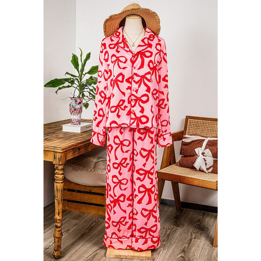 Caris 2 Pcs Bow Print Shirt Style Long Sleeve Pajama Set