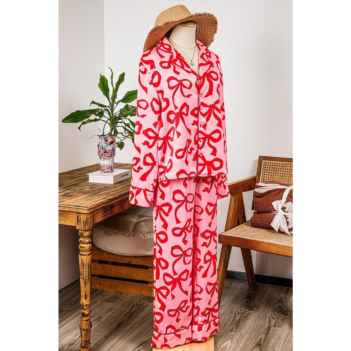 Caris 2 Pcs Bow Print Shirt Style Long Sleeve Pajama Set
