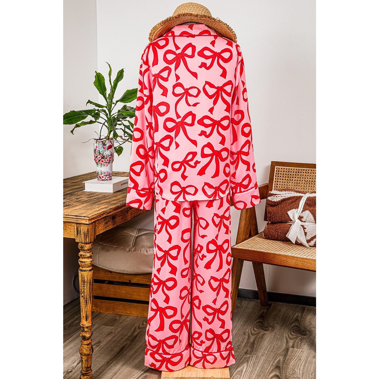 Caris 2 Pcs Bow Print Shirt Style Long Sleeve Pajama Set