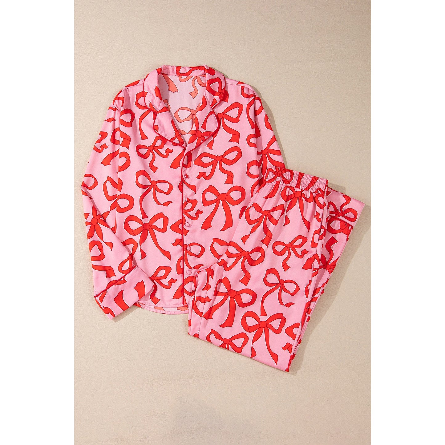 Caris 2 Pcs Bow Print Shirt Style Long Sleeve Pajama Set