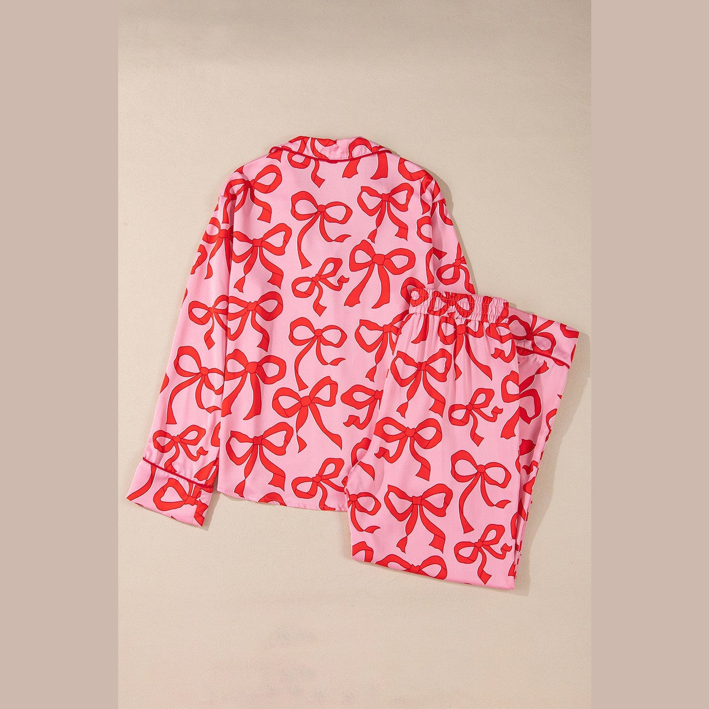 Caris 2 Pcs Bow Print Shirt Style Long Sleeve Pajama Set