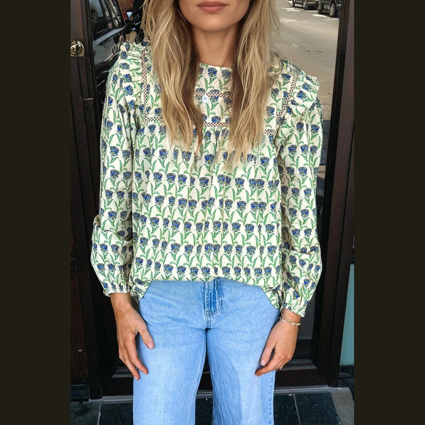 Carla Green Floral Print Lace Detail Ruffle Trim Long Sleeve Blouse