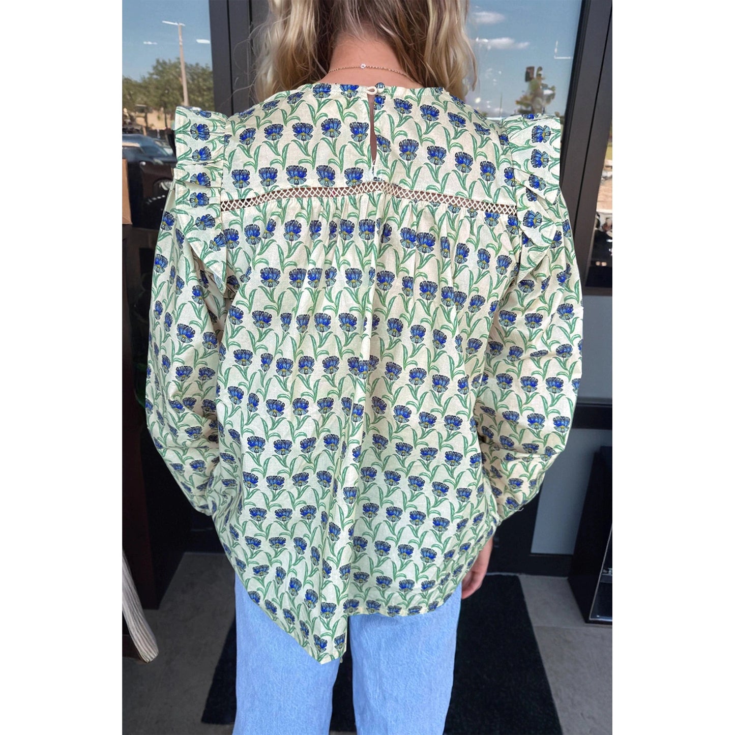 Carla Green Floral Print Lace Detail Ruffle Trim Long Sleeve Blouse