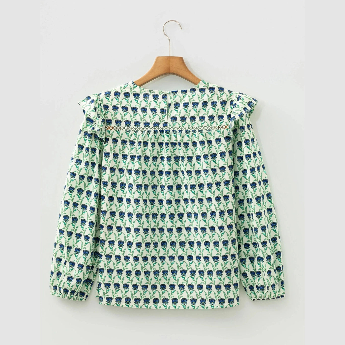 Carla Green Floral Print Lace Detail Ruffle Trim Long Sleeve Blouse