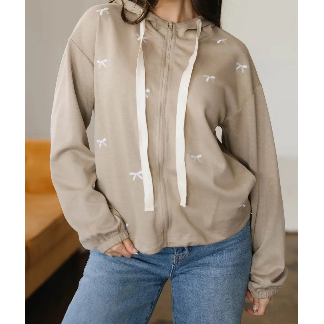 SALE!!!  Carlyn Contrast Bow Embroidered Zip Up Jacket Hoodie