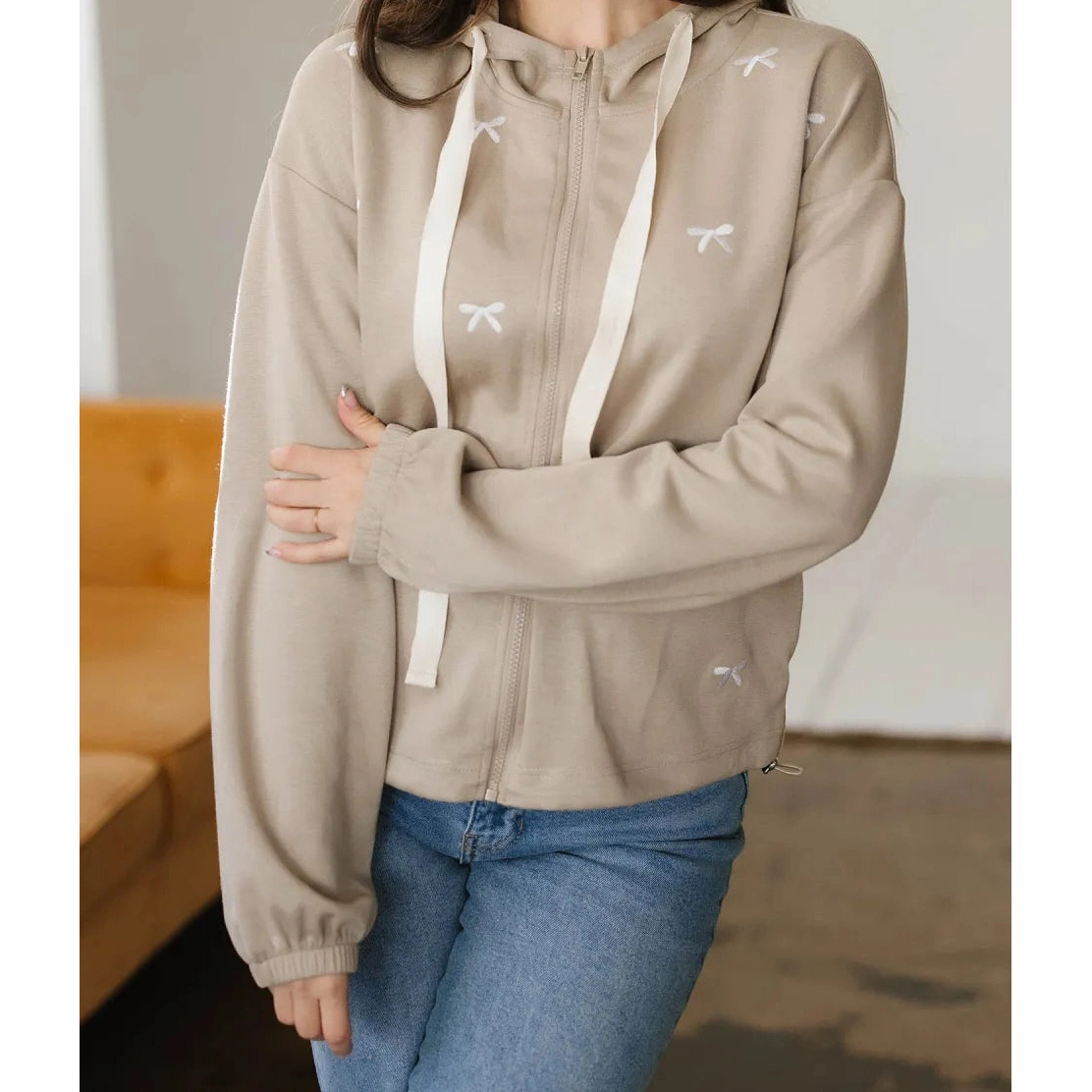 SALE!!!  Carlyn Contrast Bow Embroidered Zip Up Jacket Hoodie