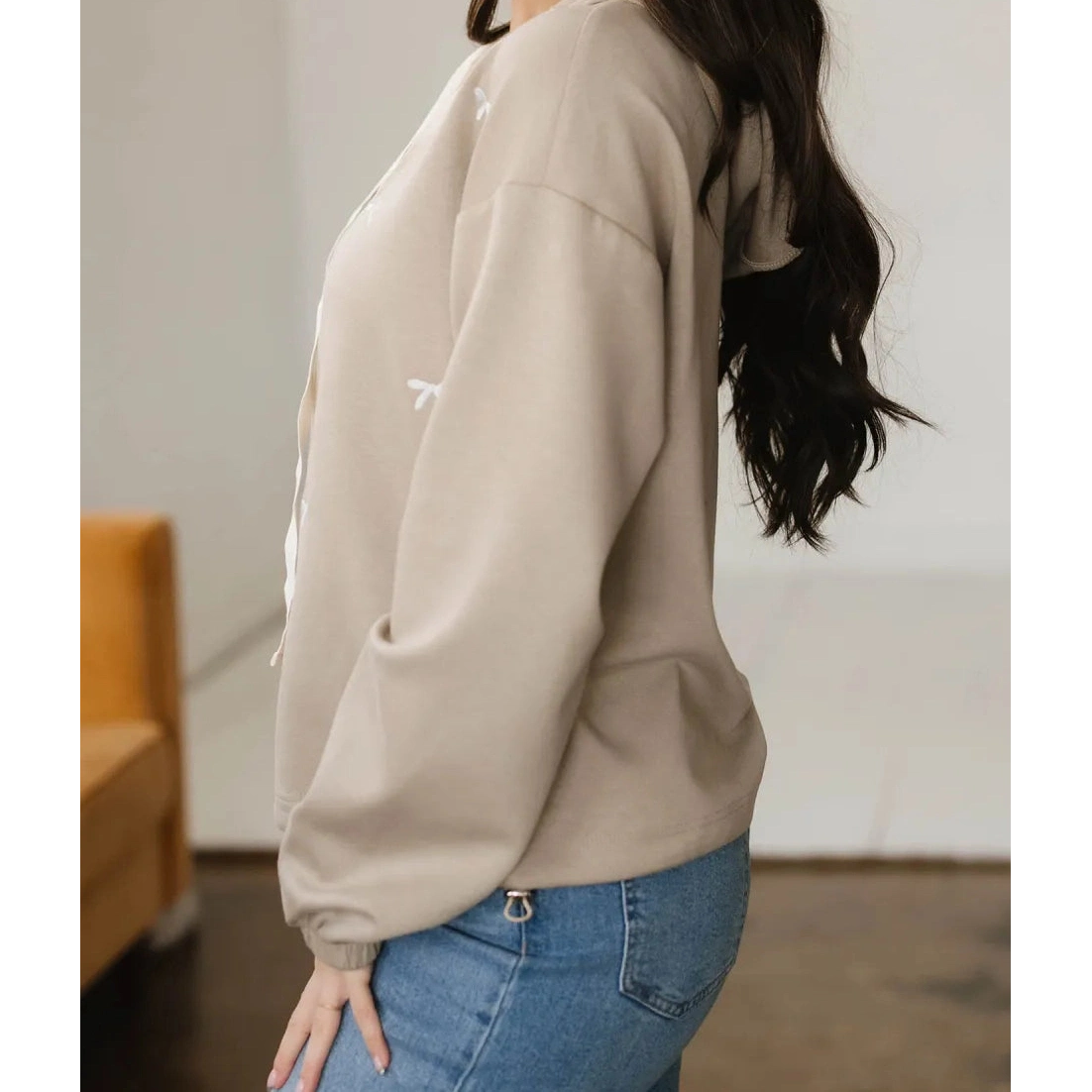 SALE!!!  Carlyn Contrast Bow Embroidered Zip Up Jacket Hoodie