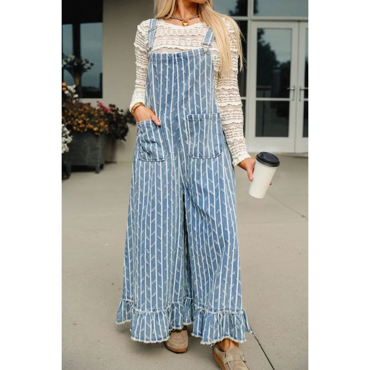 Carmella Striped Distressed Ruffled Wide Leg Denim Overalls