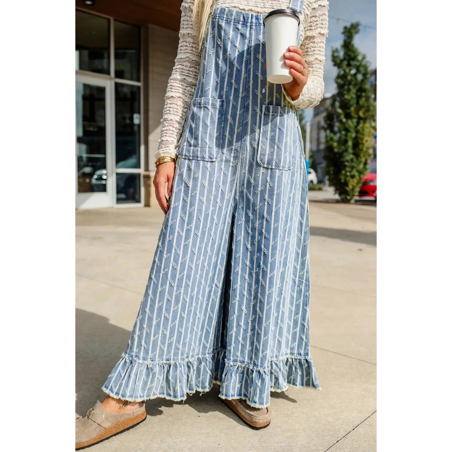 Carmella Striped Distressed Ruffled Wide Leg Denim Overalls