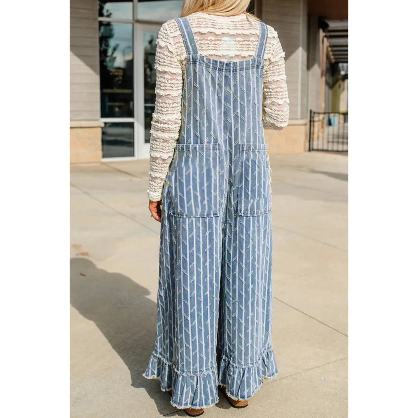 Carmella Striped Distressed Ruffled Wide Leg Denim Overalls