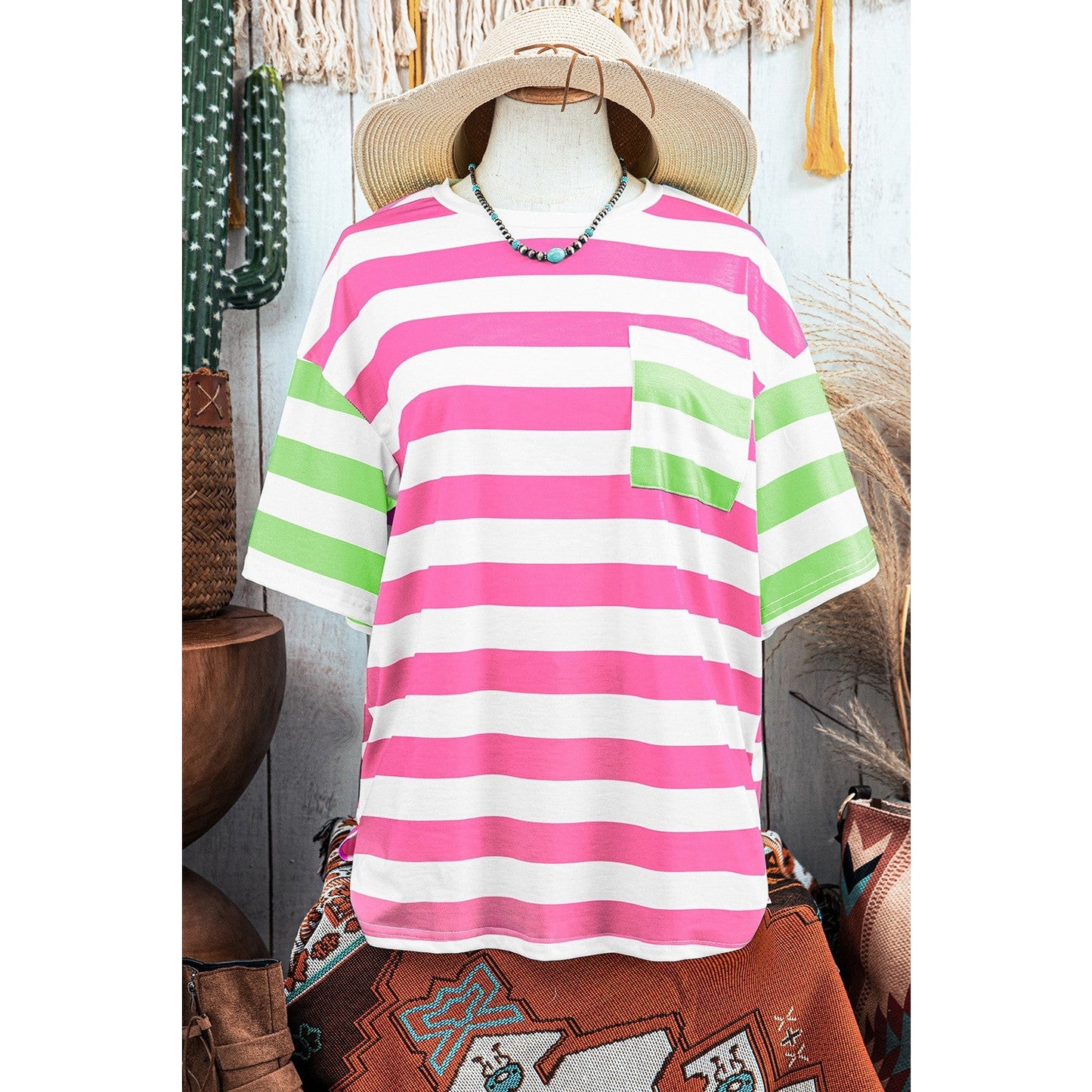 Carmina Pink Stripe Contrast Patch Pocket Drop Sleeve T Shirt