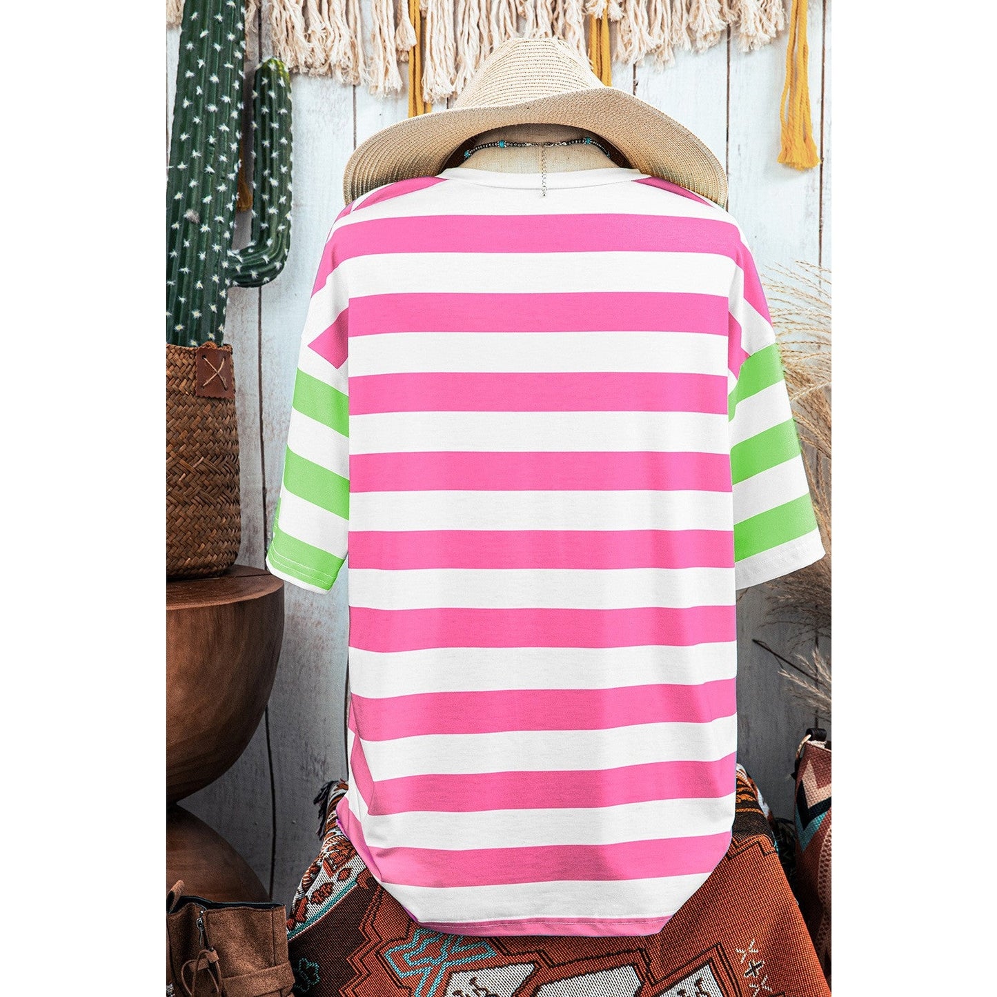 Carmina Pink Stripe Contrast Patch Pocket Drop Sleeve T Shirt