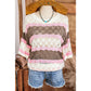 Caroline Brown Stripe Color Block Hollow Out Crochet Half Sleeve Sweater