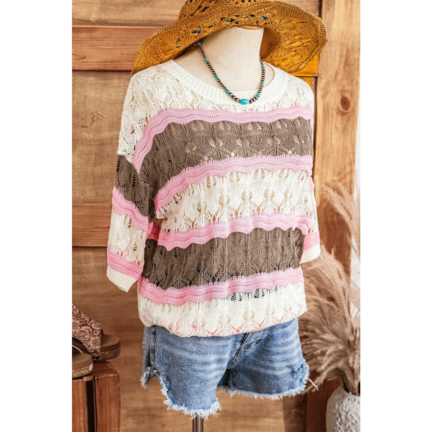 Caroline Brown Stripe Color Block Hollow Out Crochet Half Sleeve Sweater