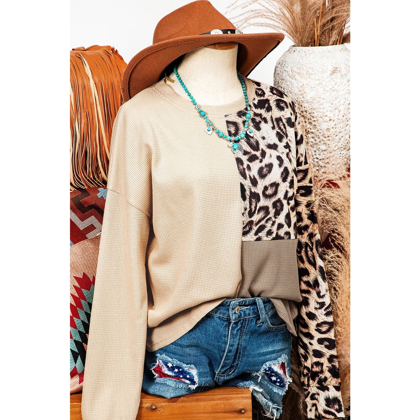 RTS Carolyn Pale Khaki Leopard Colorblock Waffle Knit Top